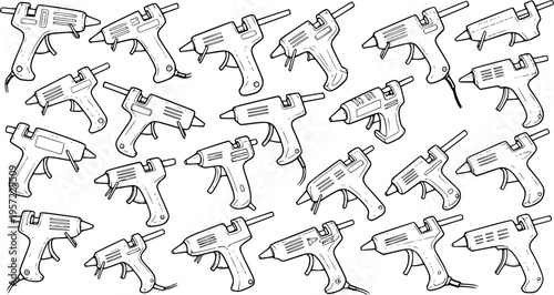 Seamless Pattern of Hand-Drawn Hot Glue Guns. Black and White Line Art Background for Crafting, DIY, and Creative Projects.