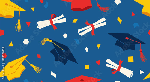 Graduation caps and diplomas scattered with confetti on blue background