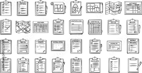 Construction Paperwork and Forms: Hand-Drawn Clipboards and Documents