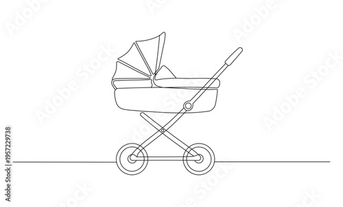 A black line drawing of a baby stroller for newborn or infant transport