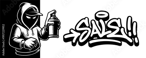 Stylized Sale Graffiti Tag with Mascot Character for Discount Promotion and Streetwear Marketing.