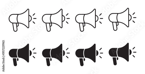 Set of eight megaphone icons in outline and solid styles showing communication and announcement symbols