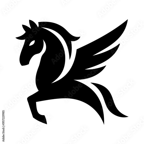 Logotipo con pegaso de la leyenda griega. Dibujo sencillo con siluetas de un caballo con alas