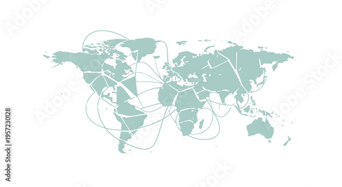 A minimalist light green world map featuring interconnected global travel routes on a white background