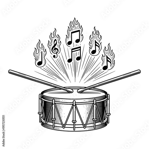Snare Drum with Flaming Fire Musical Notes Sketch