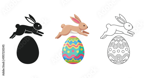 Collection of three stylized vector graphic illustrations depicting an energetic rabbit jumping over an easter egg