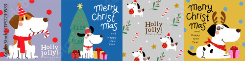 Merry Christmas and happy new year with cute puppy and dog in winter costumes. Animal holidays cartoon characters. -Vector