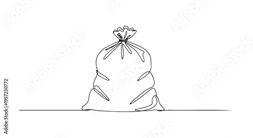 Tied bag one line drawing. Minimalist sack or garbage bag vector illustration. Waste management and storage line art