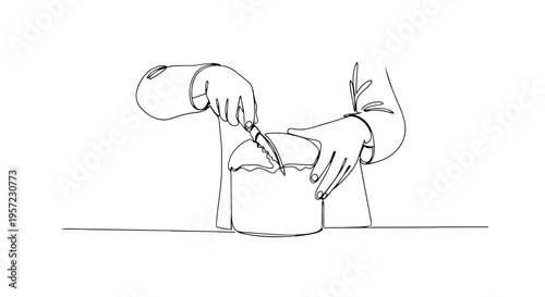 Hands cutting cake one line drawing. Continuous line art of Easter bread or panettone. Vector illustration for bakery and food
