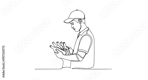 Man holding bottles one line drawing. Minimalist delivery worker vector illustration. Beverage service and logistics line art