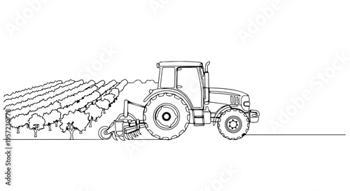 Tractor in a field one line drawing. Minimalist agricultural machinery vector illustration. Farming and vineyard line art