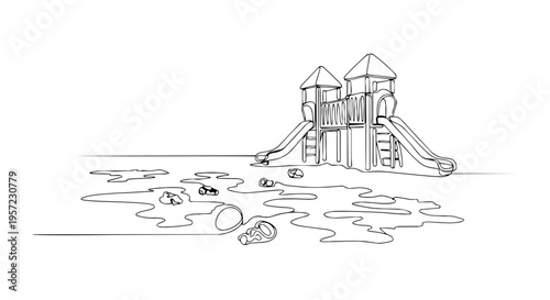 Large playground structure one line drawing. Minimalist park slides vector illustration. Outdoor play area line art