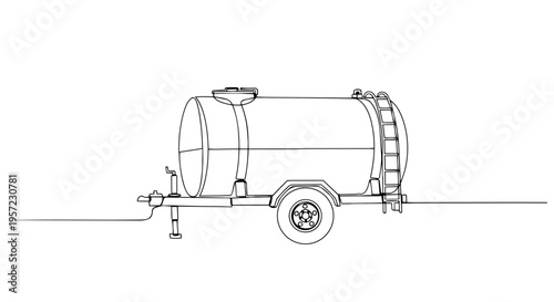 Water tank trailer for liquid fertilizer. Continuous one line drawing vector illustration. Agricultural equipment isolated on white background