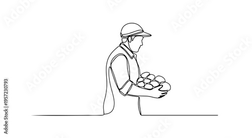 Farmer carrying a tray of seedlings. Continuous one line drawing vector illustration. Spring planting and gardening concept