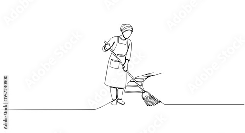 Person sweeping with a broom. Continuous line drawing of spring cleaning. Minimalist vector illustration of household chores