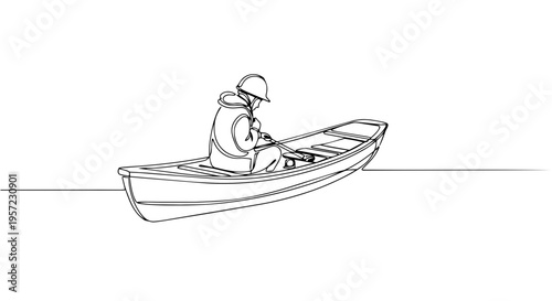 Person in a boat on the water. One line drawing of rowing or fishing activity. Minimalist vector illustration of outdoor recreation