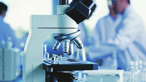 Scientists work in laboratory conducting experiments with microscope and samples