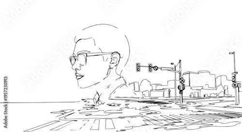 Man profile with glasses and city street. One line drawing of urban life and city planning concept. Minimalist vector illustration