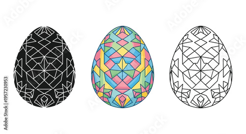 Decorative Easter egg vector graphic illustration with geometric patterns in black, outline, and colorful stained glass.