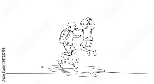 One line drawing of children jumping in a puddle with backpack. Continuous line art of boy and girl playing in spring. Minimalist vector illustration isolated on white background
