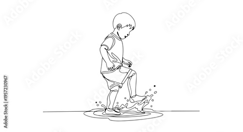One line drawing of a boy stepping in a puddle. Continuous line art of child playing in water. Minimalist vector illustration isolated on white background
