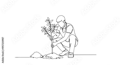 Man planting a young tree sapling. One line drawing minimalist vector illustration. Spring ecology and reforestation concept
