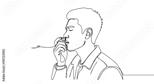 One line drawing of a man using an asthma inhaler. Minimalist vector illustration of respiratory health and allergy relief. Continuous line art isolated on white background