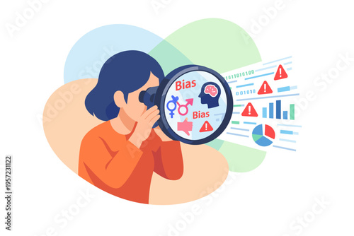 Person looking through magnifying glass at bias symbols and charts.