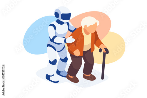 Robot assisting elderly person with walking cane technology healthcare concept.