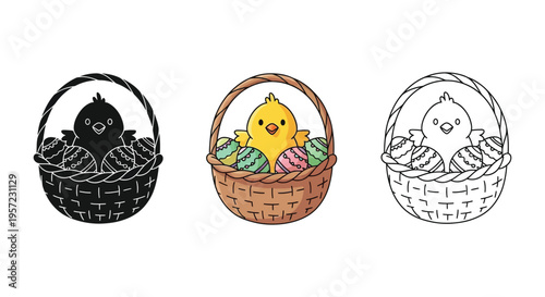 Cute cartoon baby chick sitting inside a woven basket filled with decorated easter eggs vector graphic