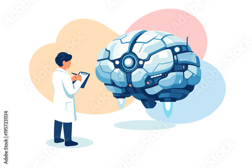 Scientist examines futuristic robotic brain with tablet.