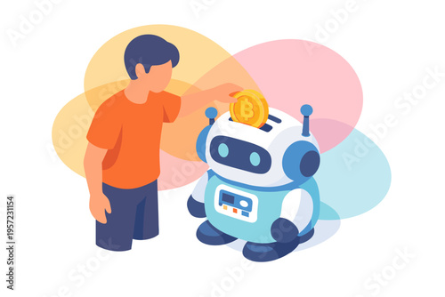 Young man putting coin into robot piggy bank for savings.