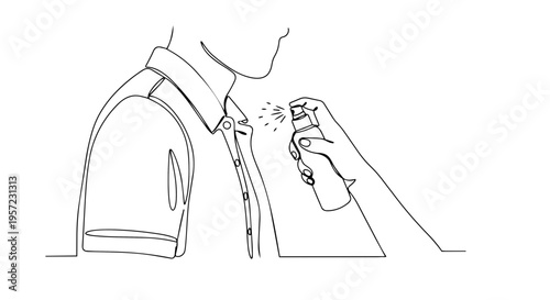 Man applying perfume one line drawing. Minimalist cologne spray vector illustration. Male grooming and fragrance concept