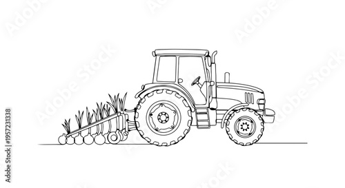 Tractor with harvester attachment in a field. Continuous line drawing vector. Agricultural machinery for spring farming
