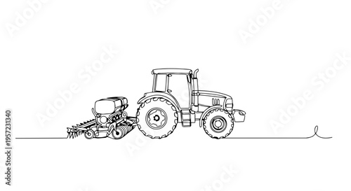 Agricultural tractor with seeding machine. One line drawing minimalist illustration. Planting crops in spring concept