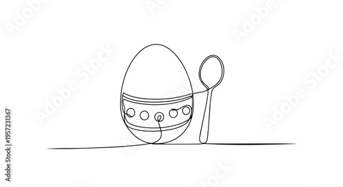 Decorated Easter egg and spoon. Continuous line drawing vector illustration. Holiday celebration and spring tradition