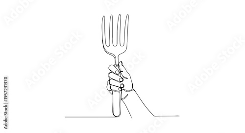 One line drawing of a hand holding a garden fork. Minimalist continuous line art illustration of a gardening tool. Vector graphic isolated on white background