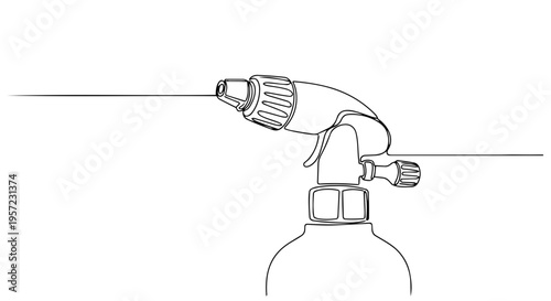 One line drawing of a garden sprayer nozzle. Minimalist vector illustration of gardening and pest control. Continuous line art of a spray tool isolated on white background