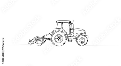 One line drawing of a tractor with a plow. Minimalist vector illustration of spring farming and agriculture. Continuous line art of farm machinery isolated on white background