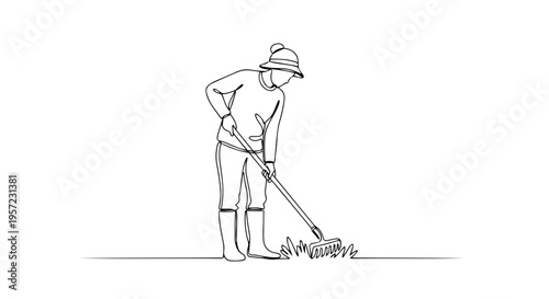 One line drawing of a person raking the ground. Minimalist continuous line art of yard work and gardening. Vector illustration of a worker with a rake