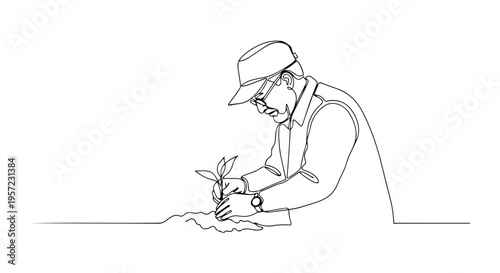 One line drawing of a man planting a seedling. Minimalist continuous line art of a gardener working in the soil. Spring gardening and reforestation vector illustration