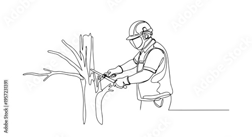 Worker pruning a tree with a hand saw. One line drawing minimalist vector. Arborist and garden maintenance service
