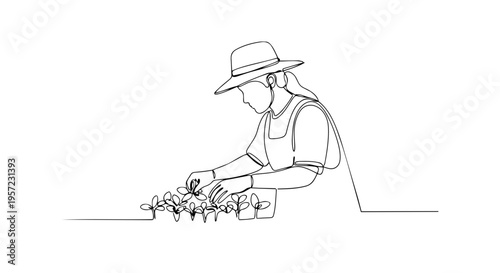 One line drawing of a woman tending to seedlings. Minimalist continuous line art of spring planting. Vector illustration of a female gardener in a hat