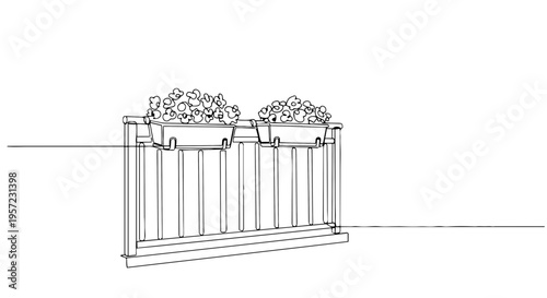 Flower boxes on a balcony railing. Continuous line drawing minimalist vector. Urban gardening and spring home decor