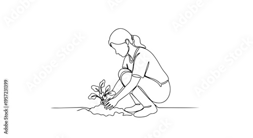 Woman planting seedling one line drawing. Continuous line illustration of environmental care and gardening. Minimalist vector graphic