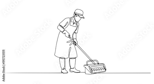 Worker with manual tool one line drawing. Continuous line illustration of agricultural or cleaning labor. Minimalist vector graphic
