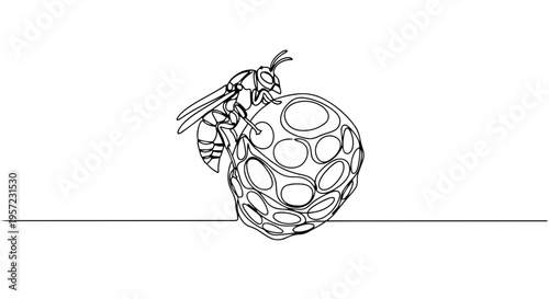 Wasp on a nest one line drawing. Minimalist vector illustration of an insect. Continuous line art isolated on white background