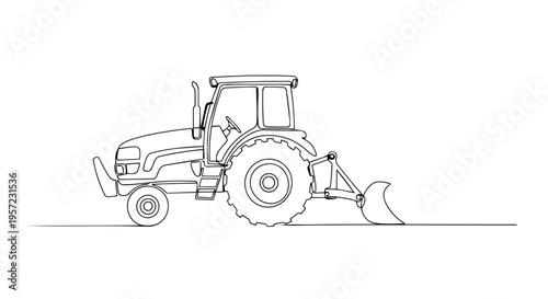 Tractor with front loader one line drawing. Minimalist vector illustration of heavy machinery. Continuous line art isolated on white background