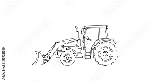Farm tractor with front loader bucket. One line drawing minimalist vector illustration. Agricultural machinery for spring planting and farming