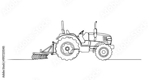 Farm tractor with rake one line drawing. Minimalist vector illustration of agricultural machinery. Continuous line art isolated on white background